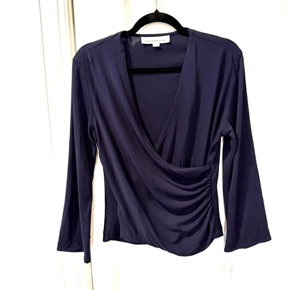 NWT $159 CAROLINE ROSE Elegant Wrap-Style Navy Top XS